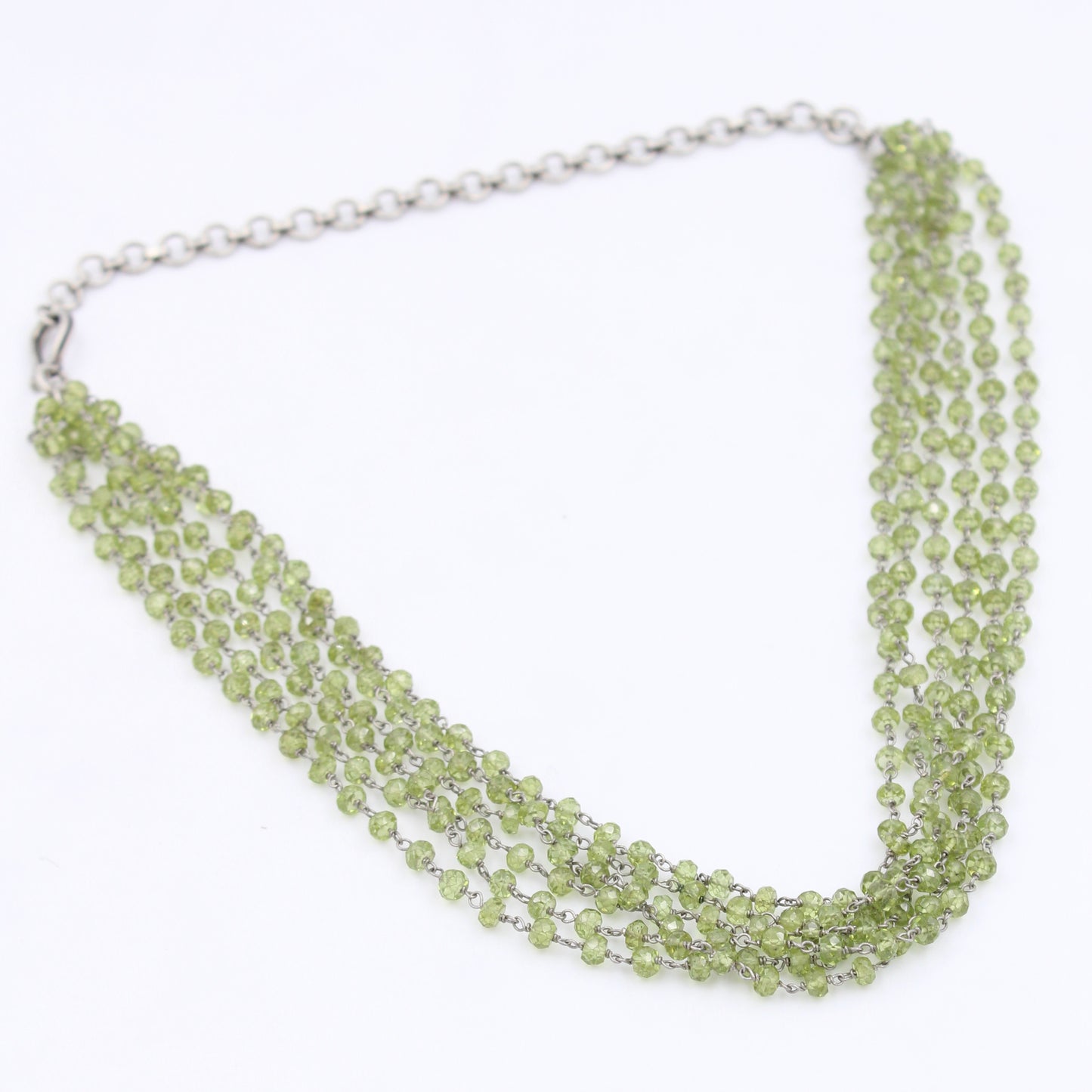 Vintage Natural Peridot 5 Strand Beaded Necklace in Sterling Silver