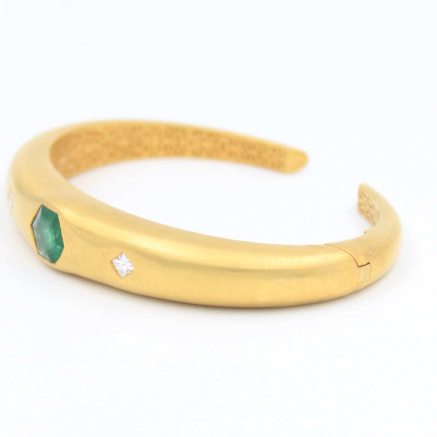 Natural 2.2 CT Emerald & Diamond Filigree Work Cuff Bracelet in 18K Brushed Gold