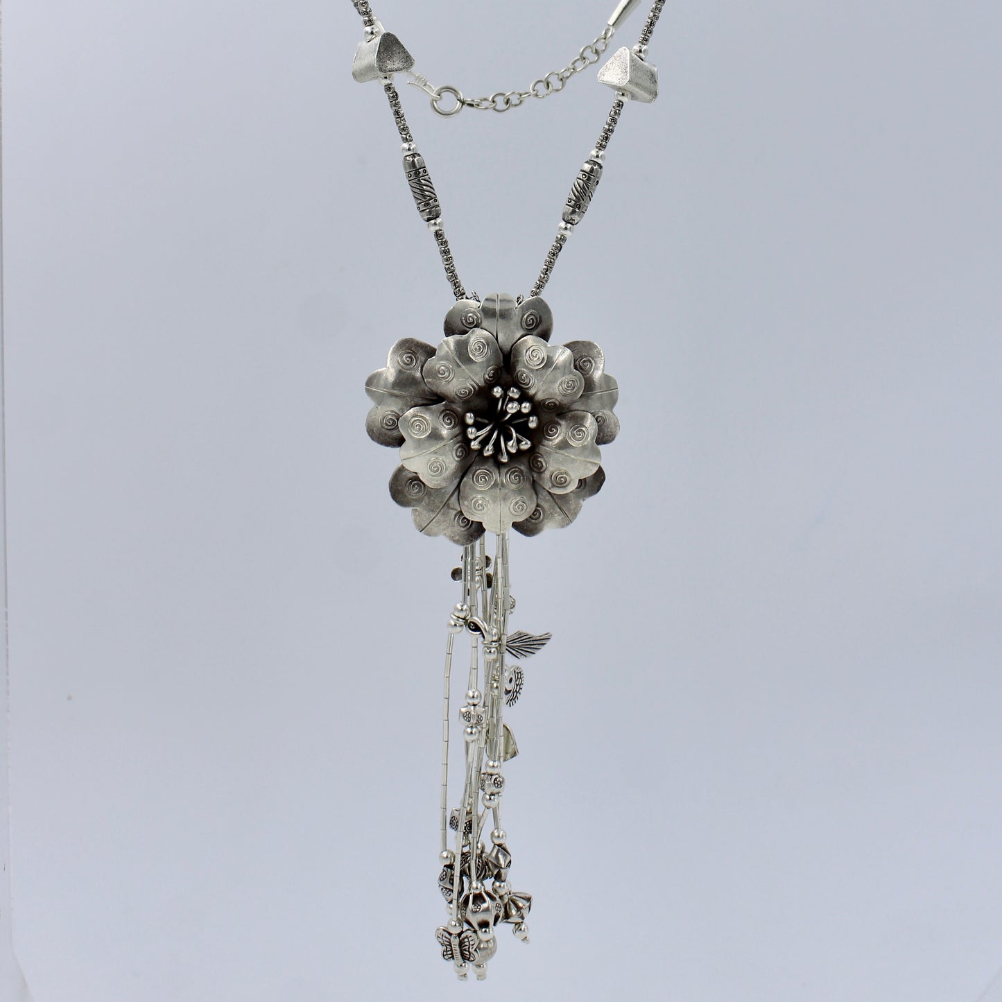 Handmade Boho Blossoming Flower Charm Necklace in Sterling Silver