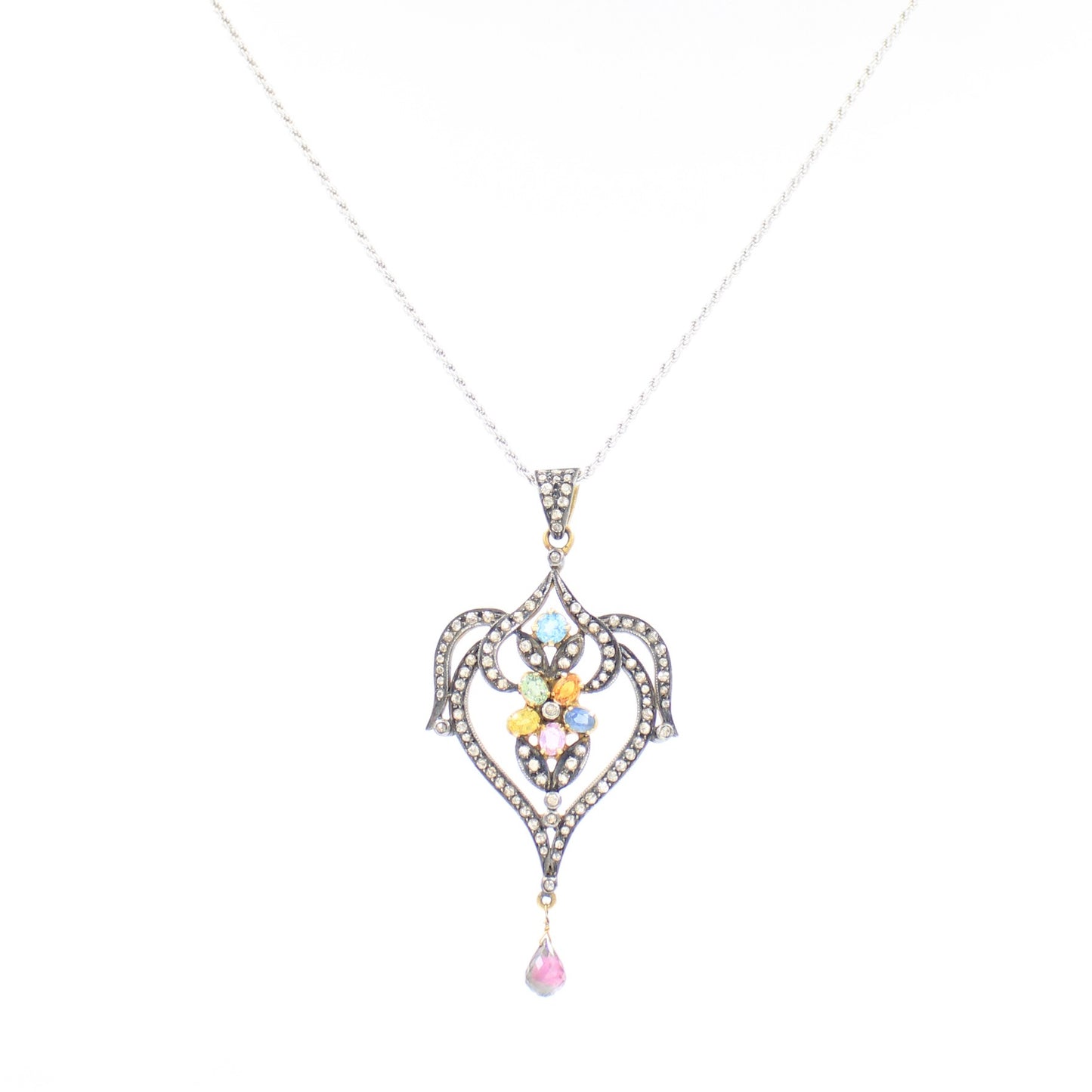 Victorian 3.85 TCW Untreated Sapphires and Diamond Pendant in 14k Gold & Sterling Silver