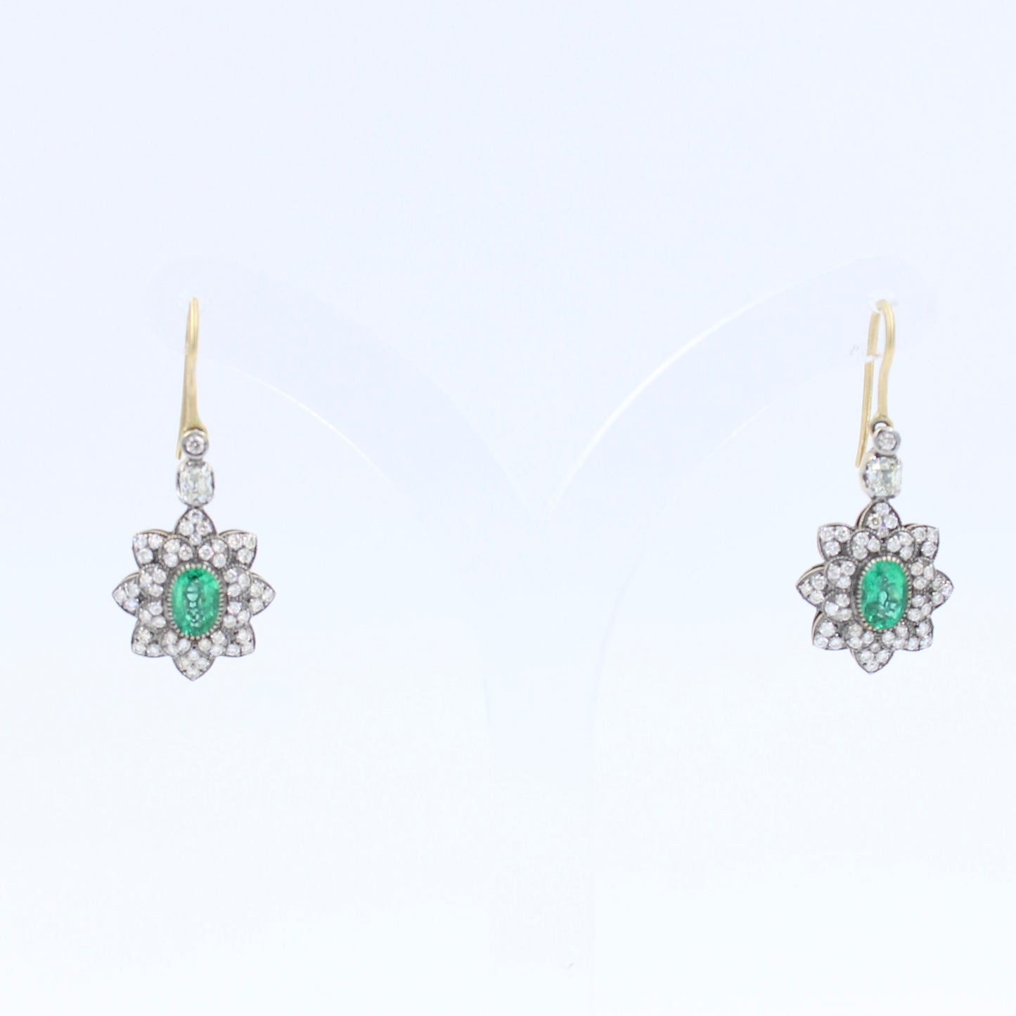 Unique 2.77 Ct Emerald & Diamond Filigree Work Drop Earrings in 18K Black Gold