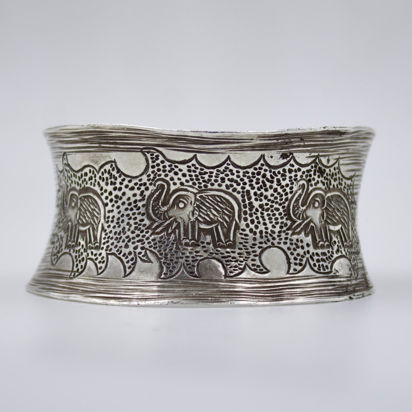 Vintage Indonesian Hand Etched Elephant Statement Cuff Bracelet in Sterling Silver