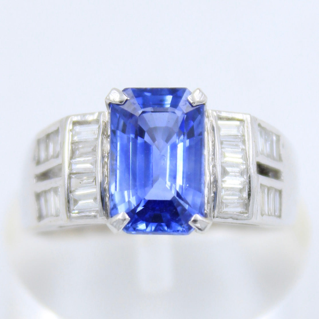 Natural AAA 3.27 Ct Cornflower Blue Sapphire & Baguette Diamond Ring in 18K White Gold