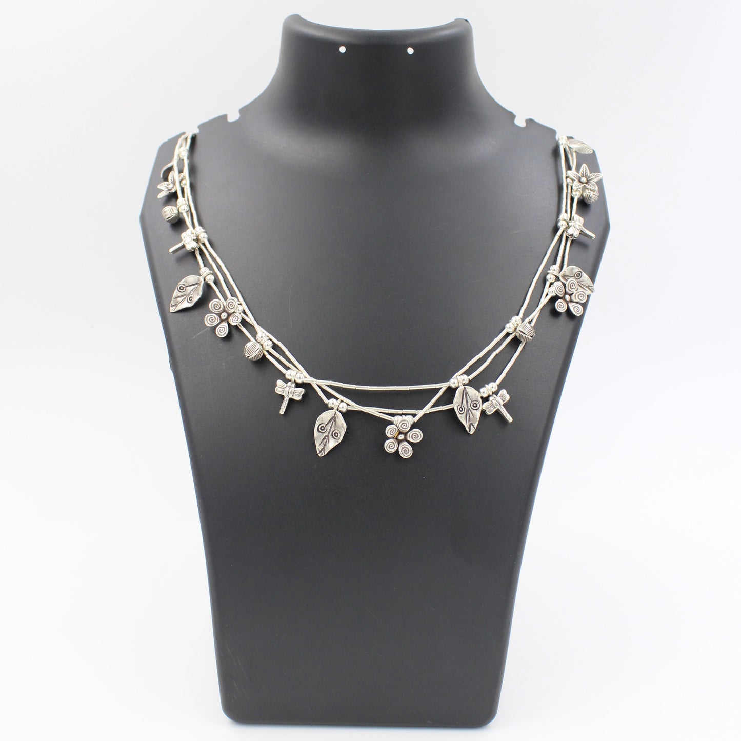 Handmade Indonesian Floral & Butterfly Charm 3 Layered Necklace in Sterling Silver