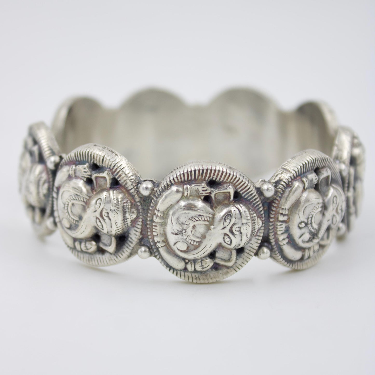 Vintage Handmade Etched Lord Ganesha Statement Cuff Bracelet in Sterling Silver