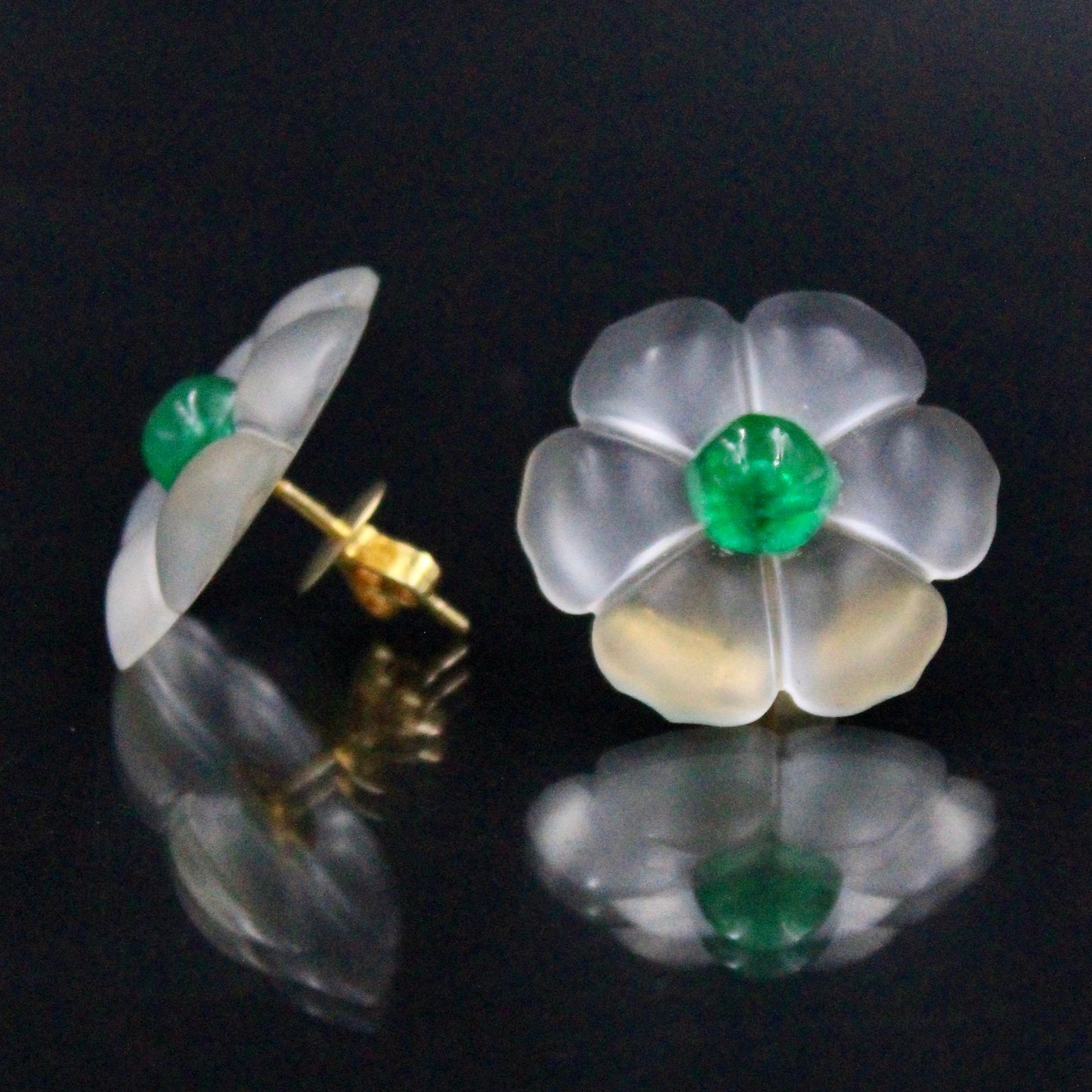 Unique 4.29 Ct Afghan Emerald & Rock Crystal Quartz Cosmos Flower Stud Earring