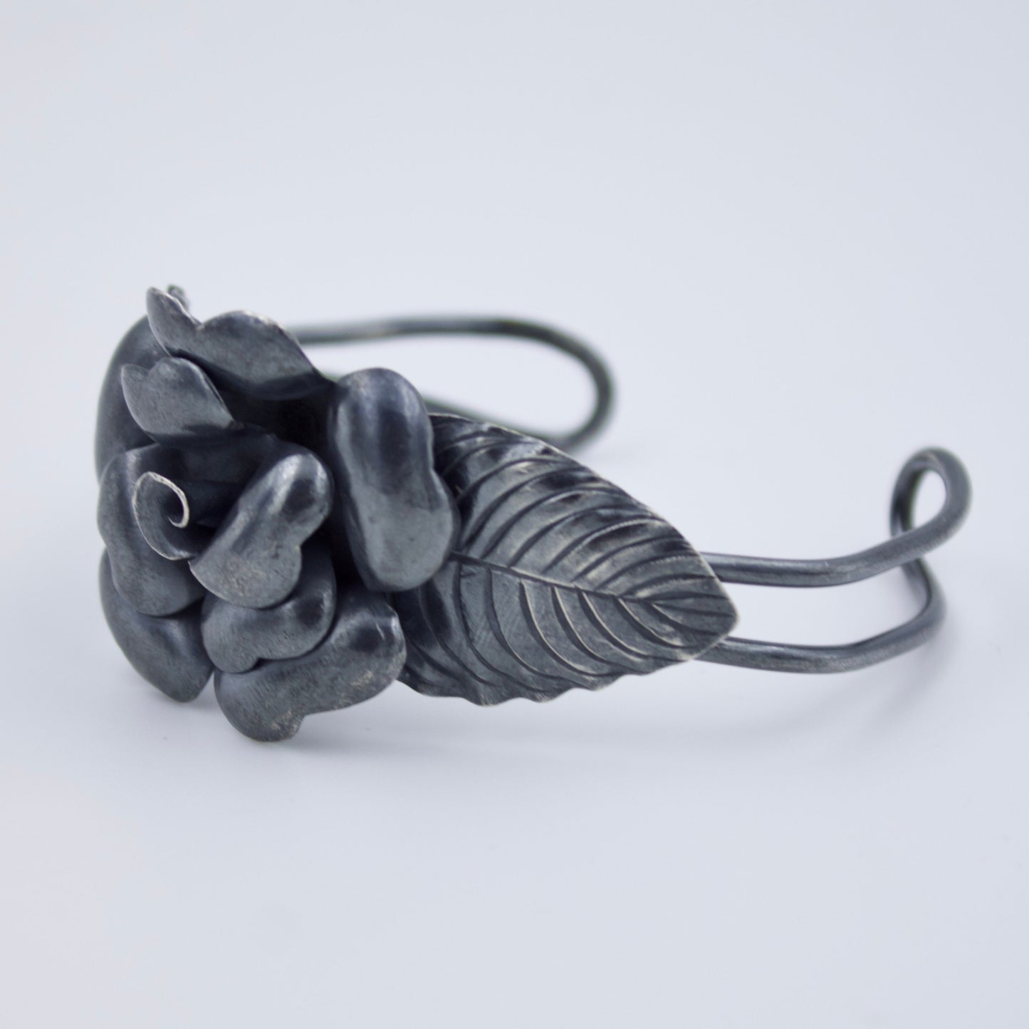 Vintage Statement Floral Handmade Cuff Bracelet in Oxidised Sterling Silver