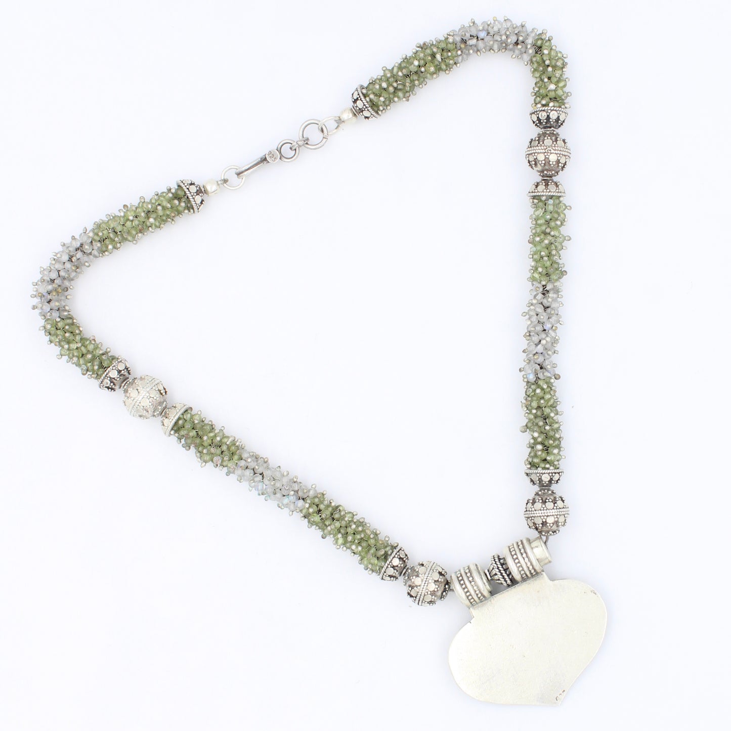 Handmade Peridot & Moonstone Dancing Peacock Pendant Necklace inSterling Silver