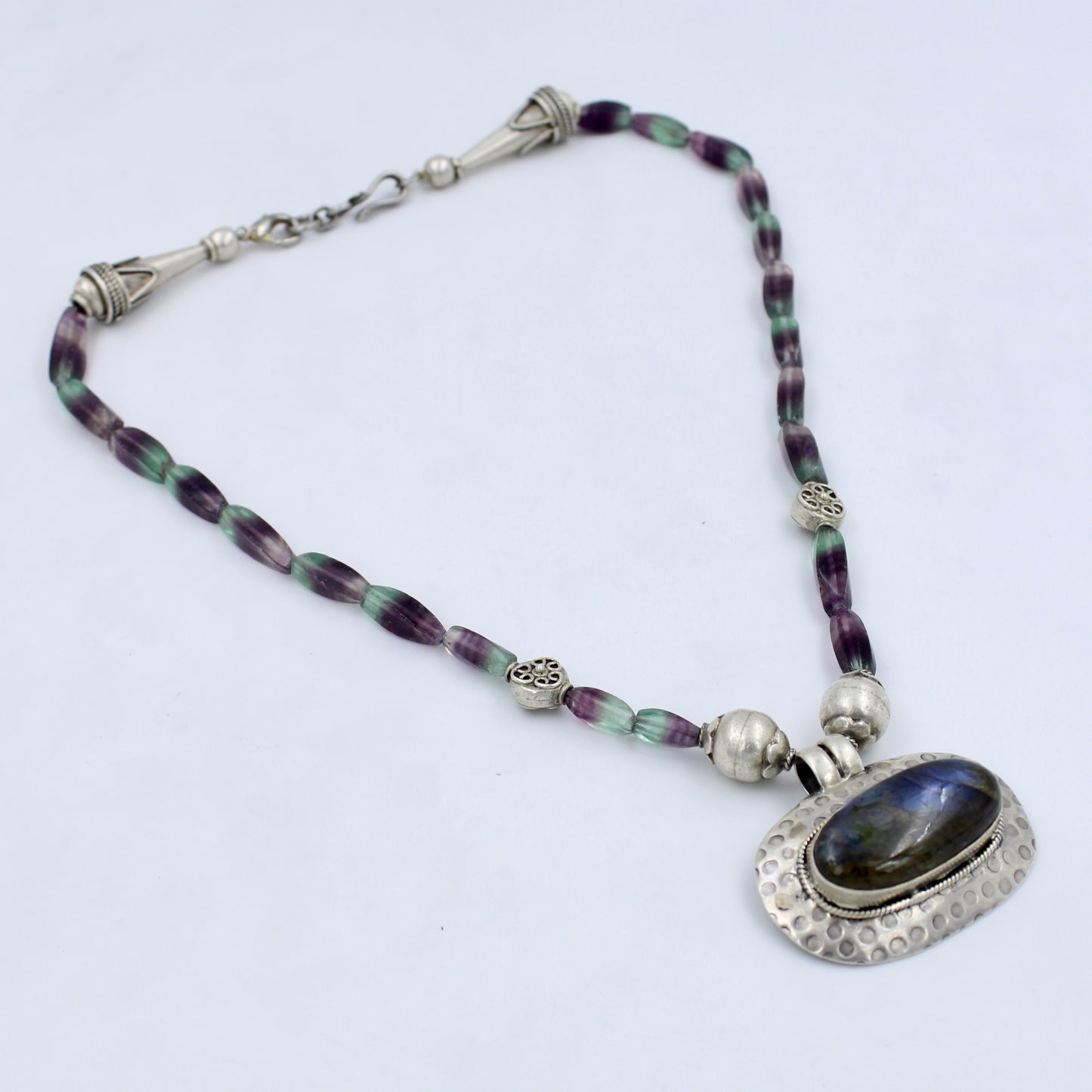 Vintage Labradorite and Blue John Fluorite Pendant Necklace in Sterling Silver