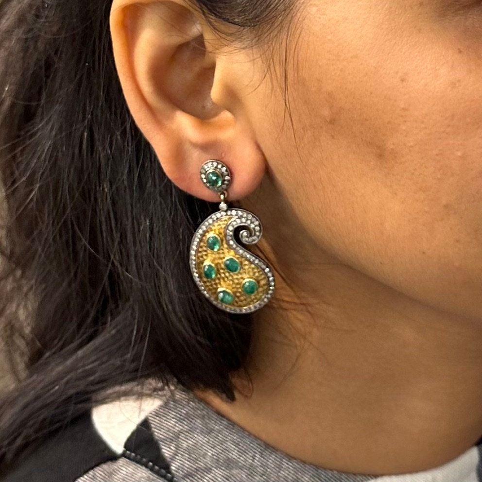 Victorian Emerald & Diamonds Handmade Mango Earrings in 14K Gold and Sterling Silver