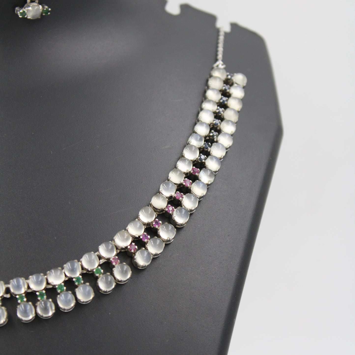 43.4 Ct AAA Natural Moonstone, Emerald, Pink & Blue Sapphire Silver Necklace, Earring & Ring Set