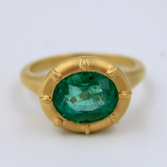 Natural 3.23 Ct Emerald East West Setting Button Back Ring in 18K Yellow Brushed Gold