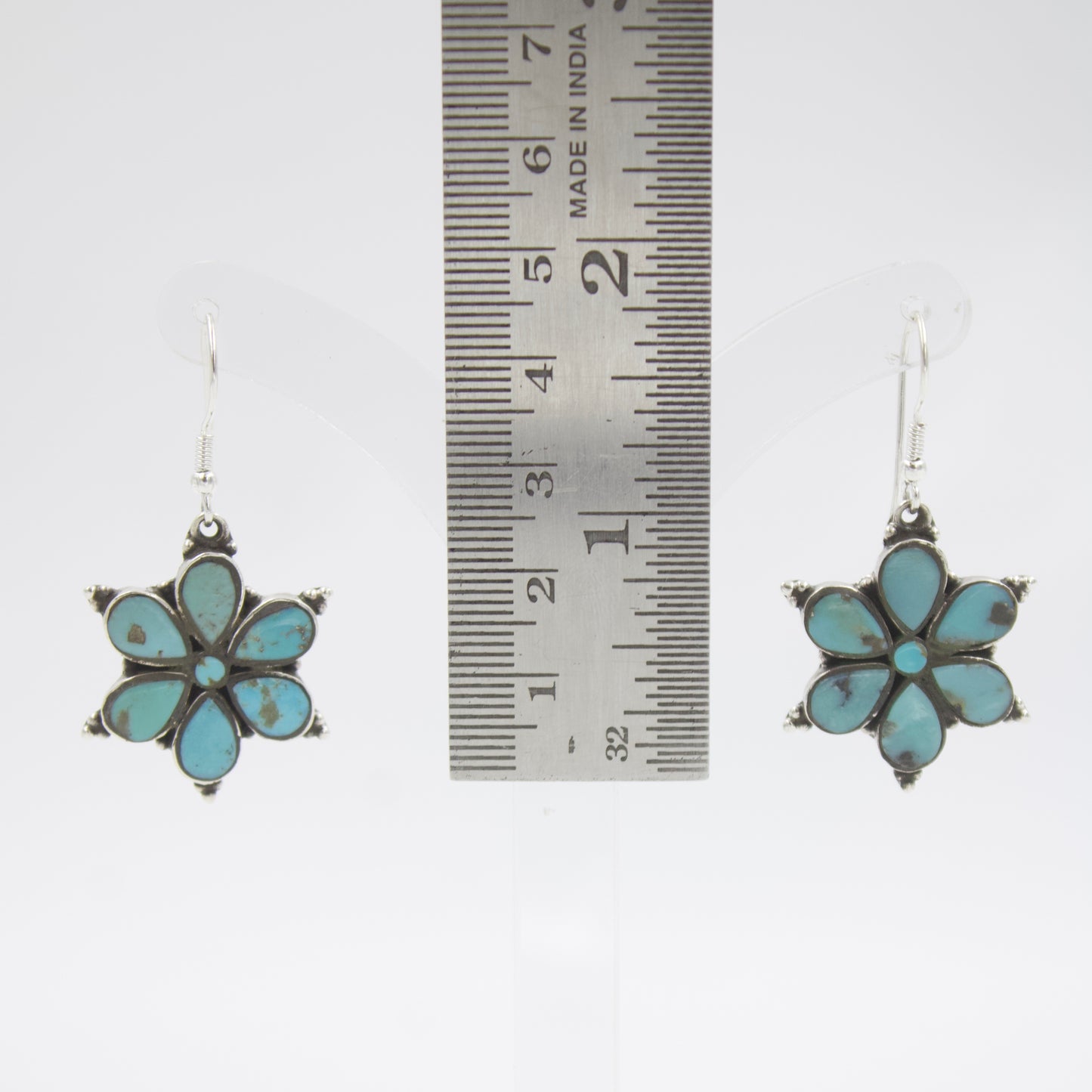 Vintage Southwestern Turquoise Flower Drop Dangle Earrings in Sterling Silver