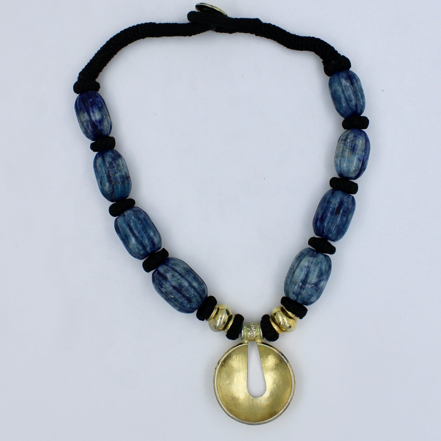 Vintage Tribal Lapis Lazuli Statement Pendant Thread Necklace in Sterling Silver