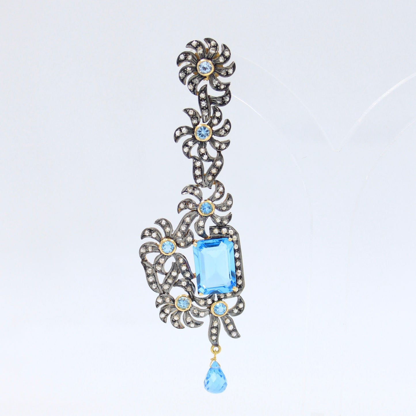 Victorian 27.52 TCW Blue Topaz and Diamond Drop Earrings in 14K Gold and Sterling Silver
