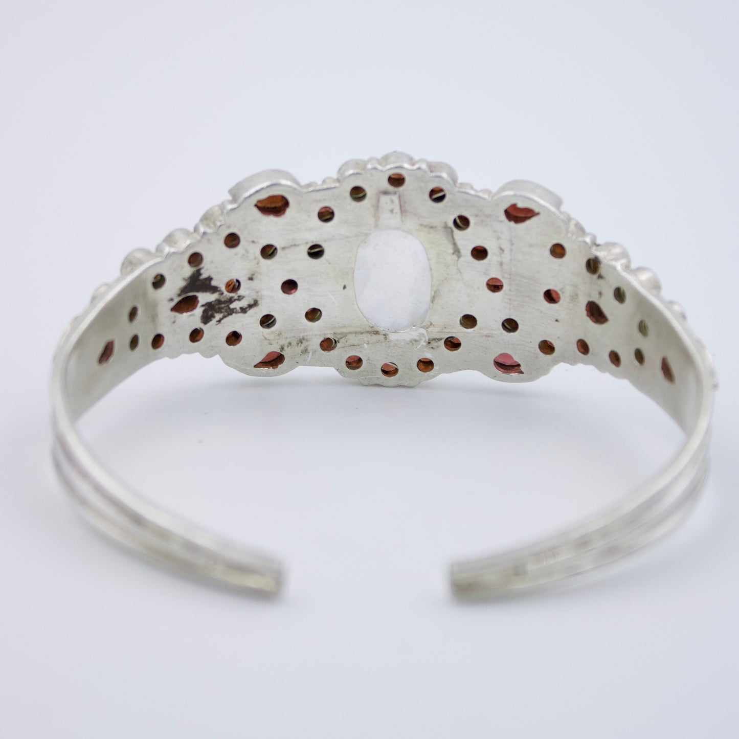 Vintage Moonstone and Garnet Statement Cuff Bracelet in Sterling Silver