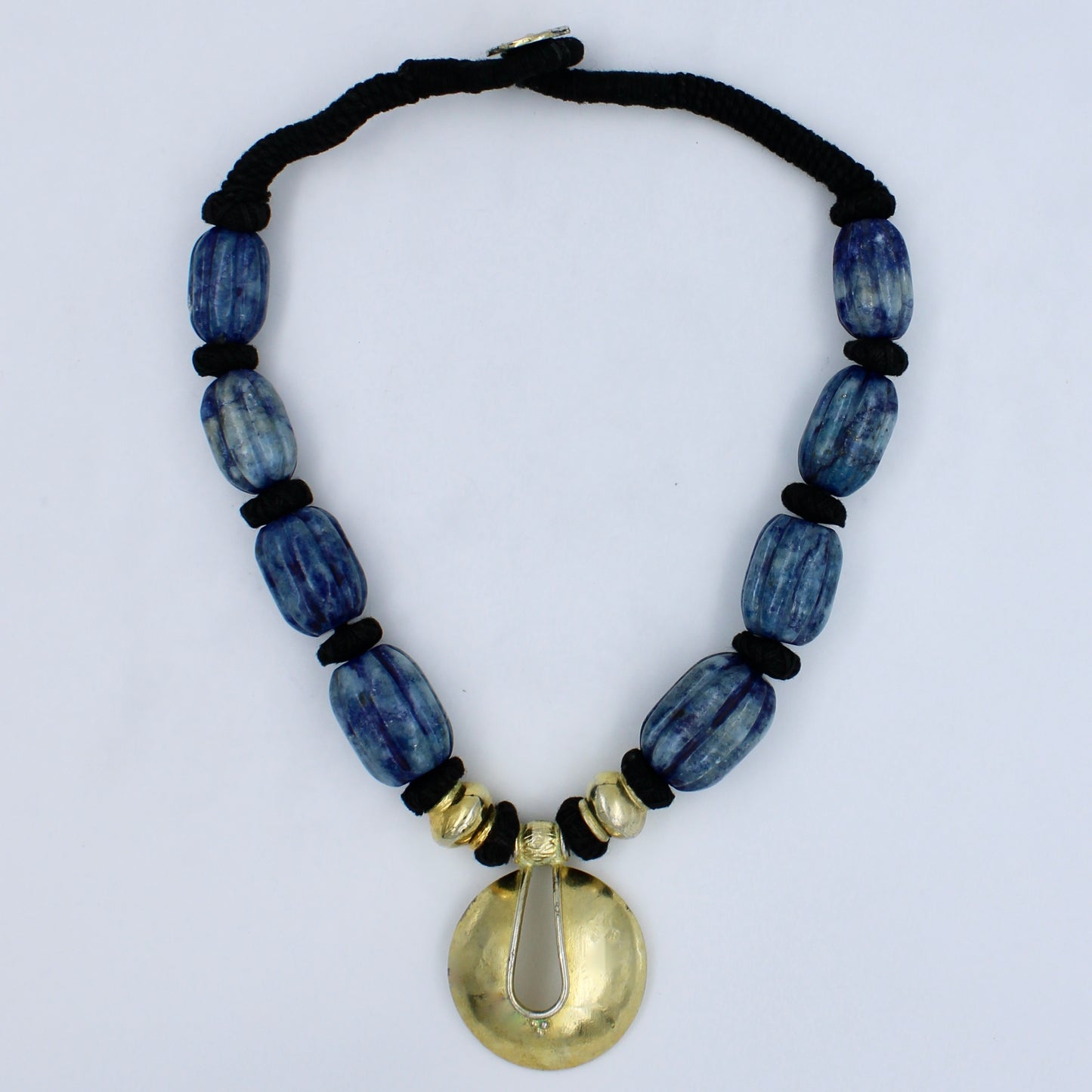 Vintage Tribal Lapis Lazuli Statement Pendant Thread Necklace in Sterling Silver