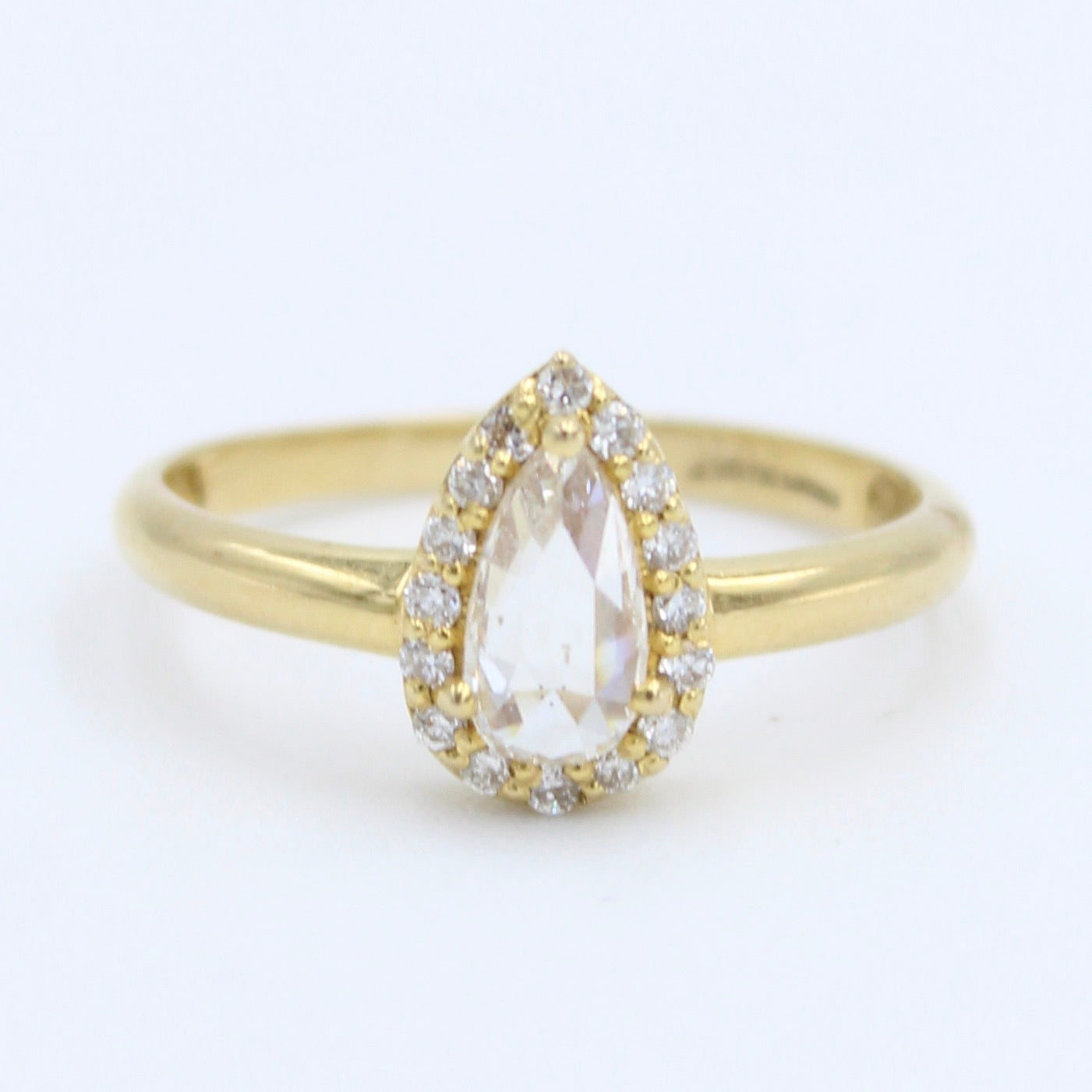 Natural 0.69 Ct Rose Cut Pear Diamond Halo Ring in 18K Gold