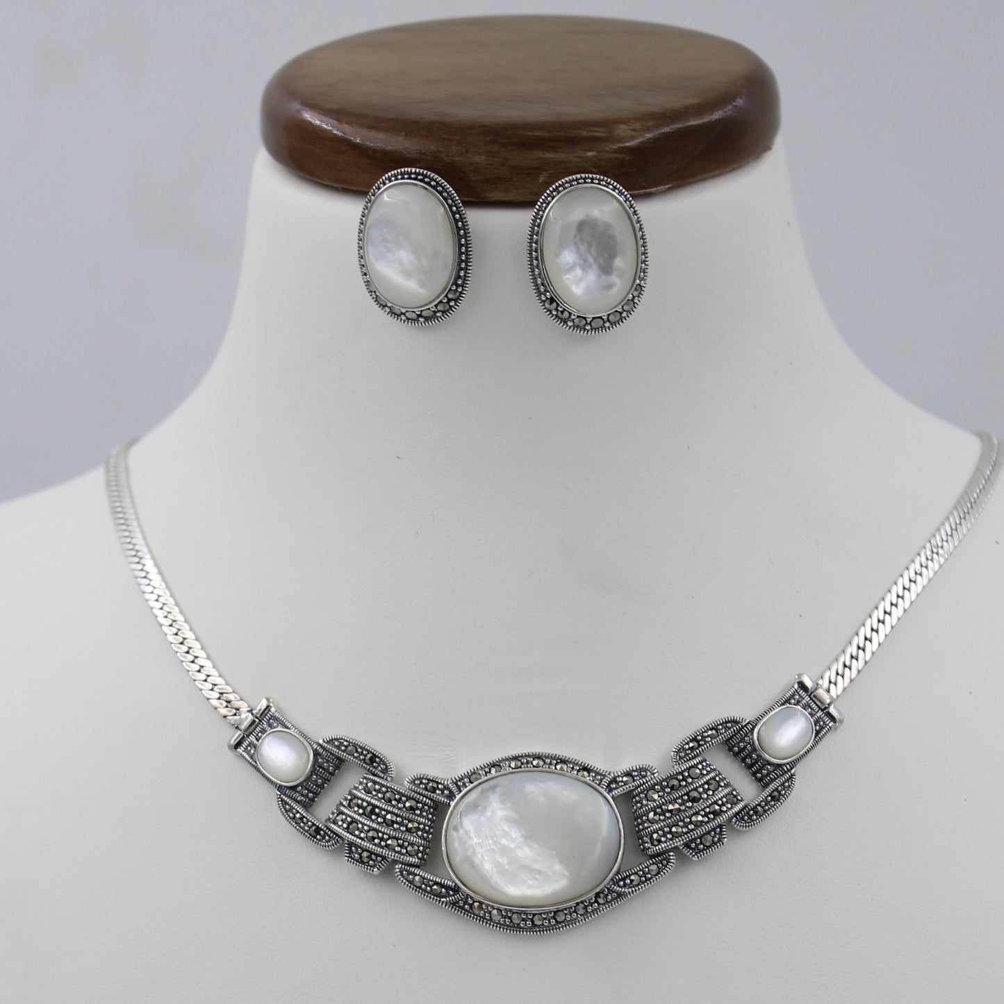 Unique Marcasite and Mother of Pearl Necklace & Stud Earring in Sterling Silver