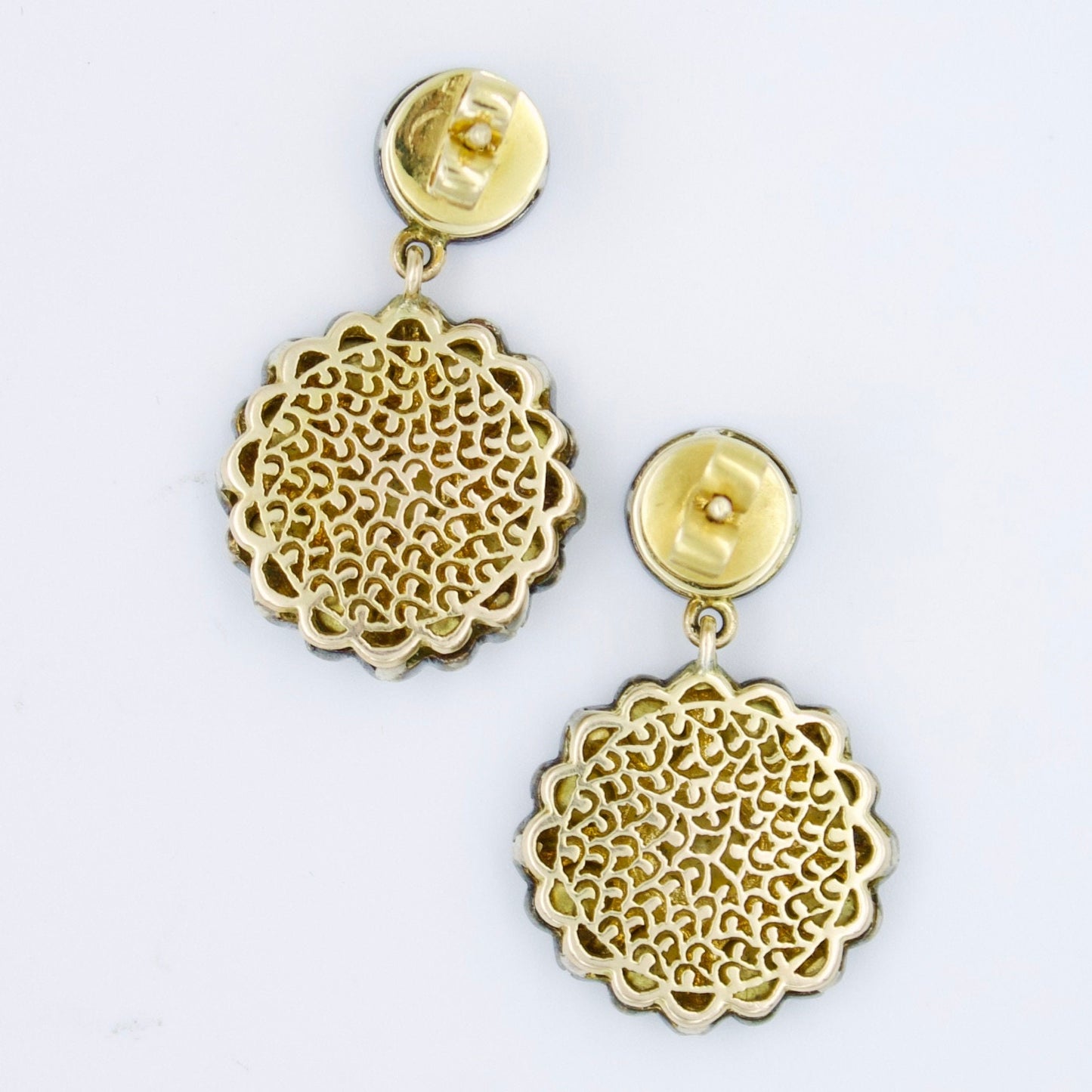 Vintage Victorian Natural Polki Diamond Statement Drop Earrings with Filigree Work in 14K Gold and Sterling Silver Alloy