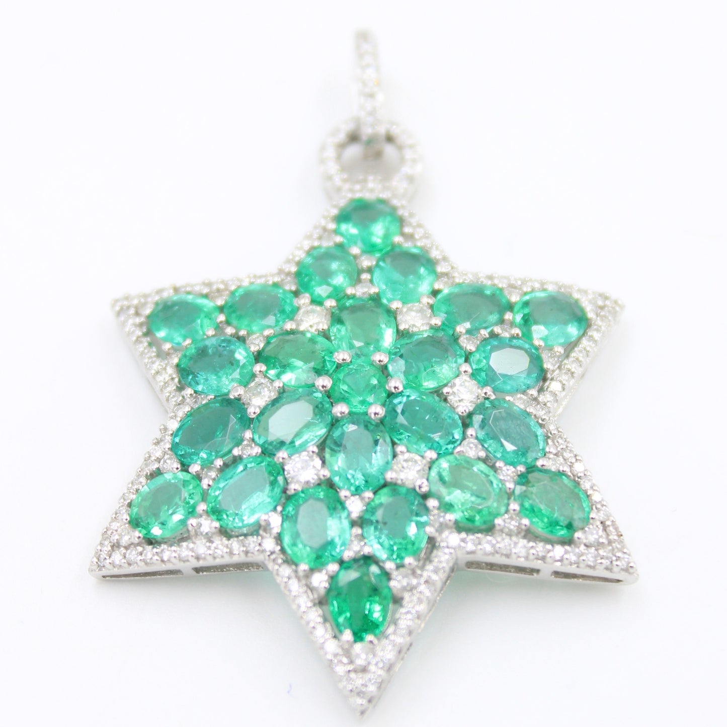 Statement 13.93 TCW Natural Emerald & Diamond Star Pendant in 18K White Gold