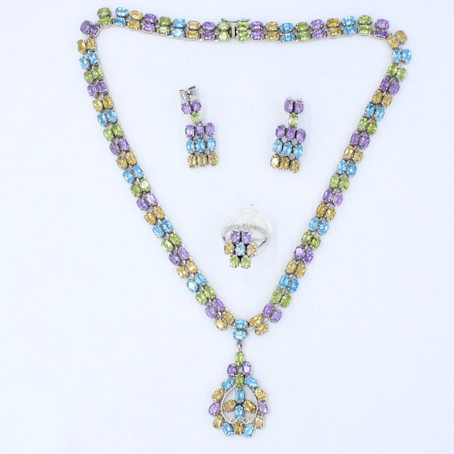 Natural AAA 86.75 Ct Peridot, Citrine, Amethyst, Blue Topaz Sterling Silver Necklace, Earring & Ring Set