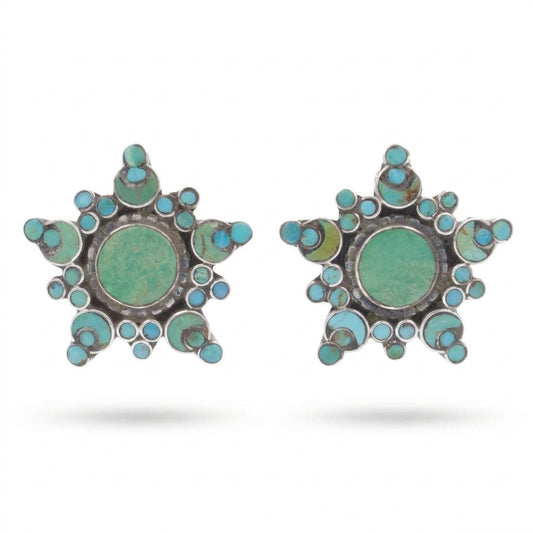 Vintage South West Natural Turquoise Star Cluster Stud Earrings Sterling Silver