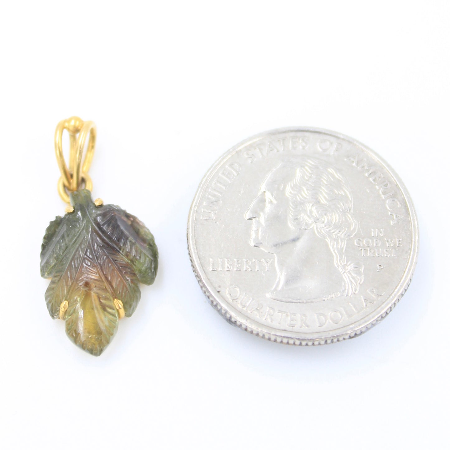 Minimalist Handmade 6.75 Ct Green Tourmaline Carved Leaf Pendant in 18K Yellow Gold