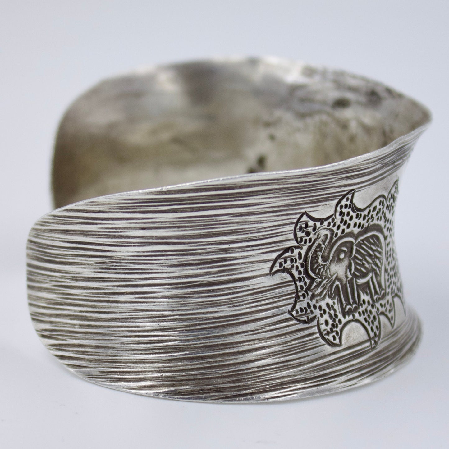 Vintage Indonesian Hand Etched Elephant Statement Cuff Bracelet in Sterling Silver