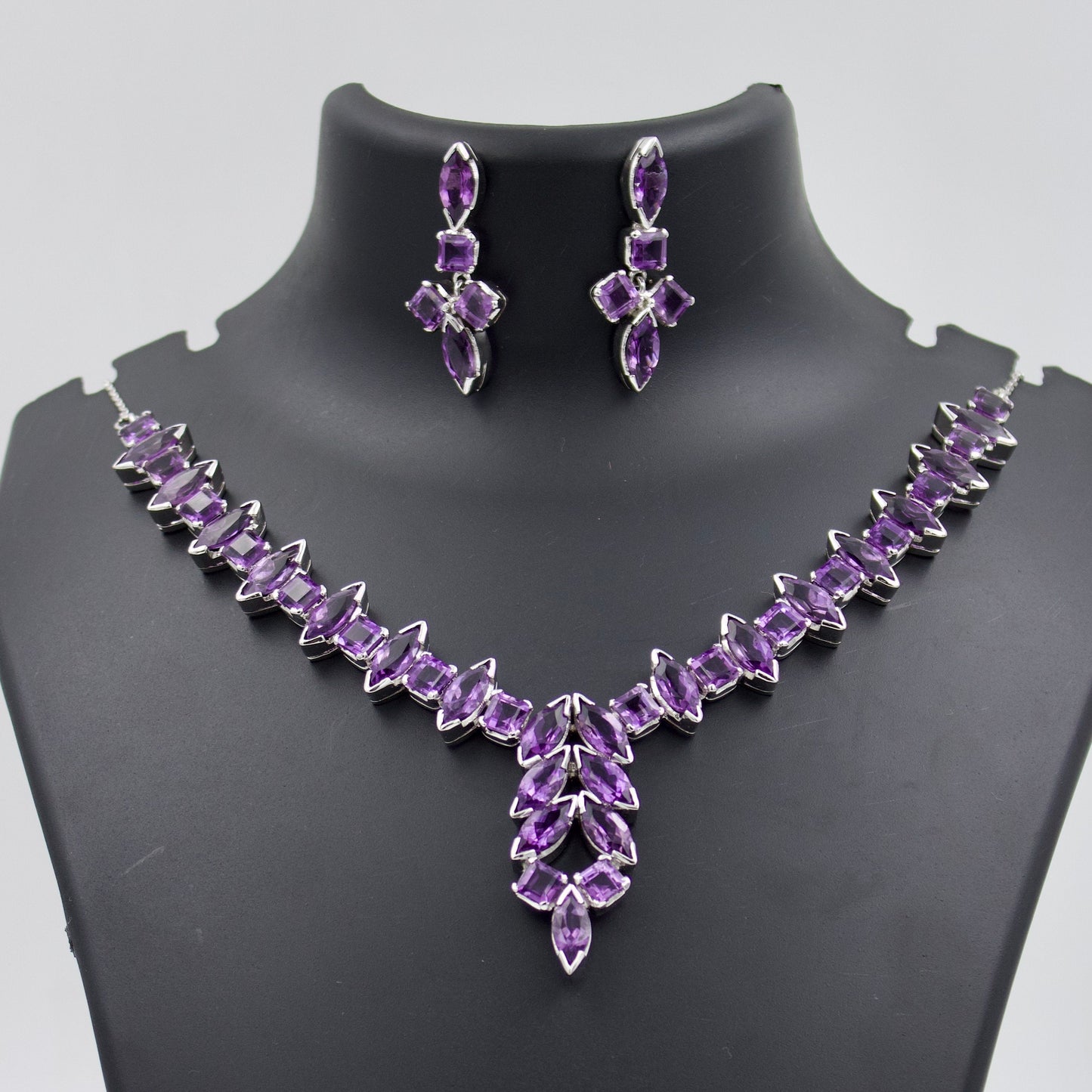 Vintage AAA 45 TCW Amethyst Statement Necklace , Drop Earrings & Ring in Sterling Silver
