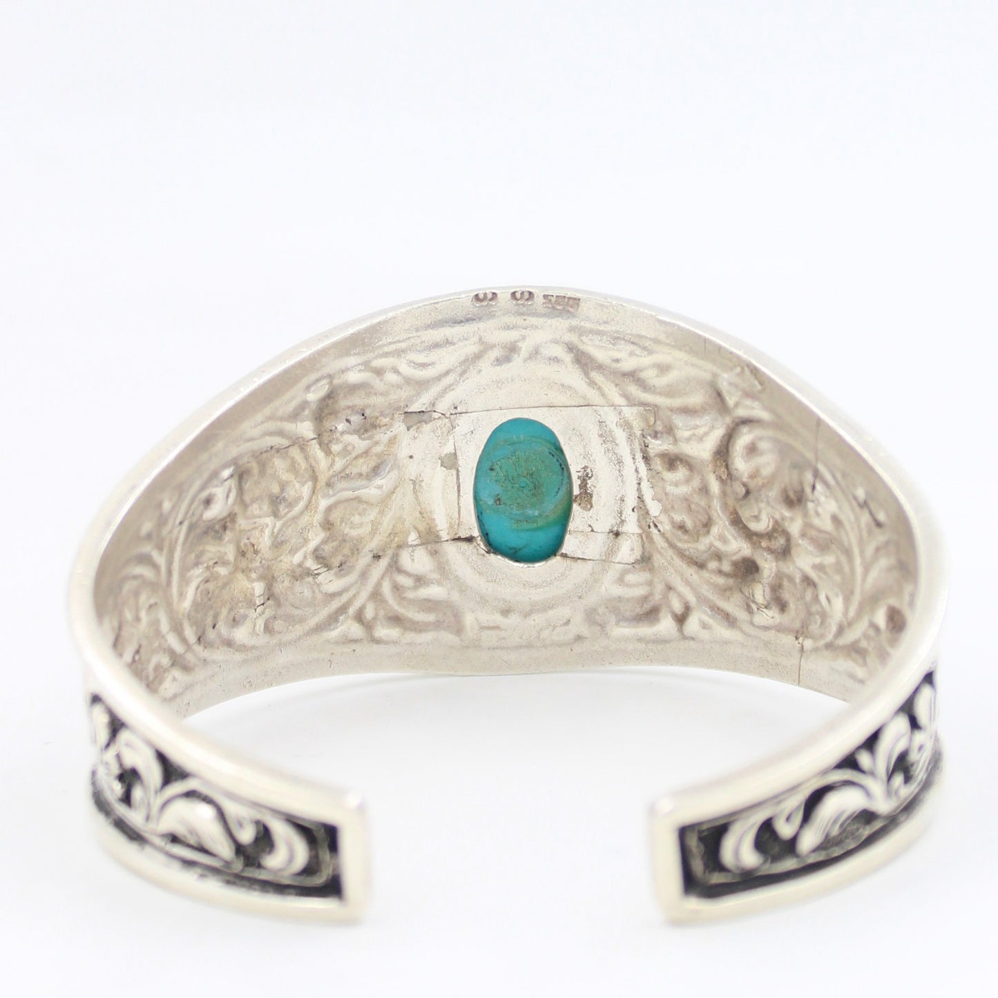 Vintage Hand Etched Chitai Work Turquoise Cuff Bracelet in Sterling Silver
