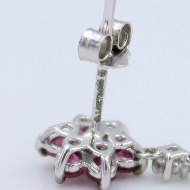 Elegant 2.13 TCW Natural Untreated Ruby & Diamond Floral Drop Earring in 18K White Gold