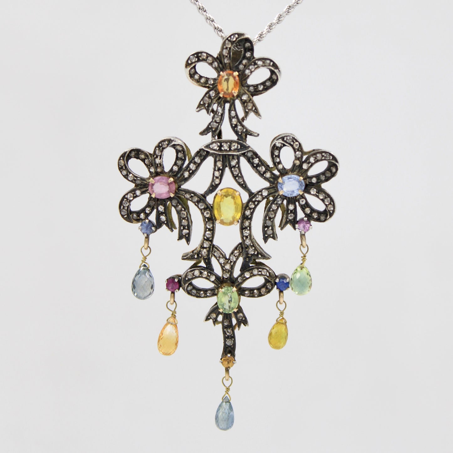 Victorian 6.45 TCW Untreated Multicolor Sapphires and Diamond Pendant in 14k Gold & Sterling Silver