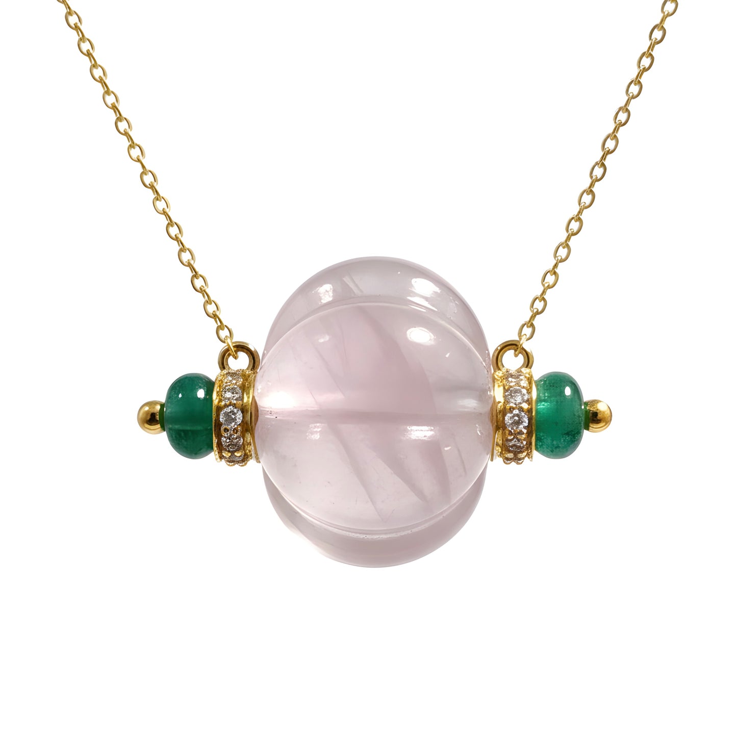 29 Ct AAA Natural Rose Quartz, Emerald & Diamond Melon 18K Gold Pendant Necklace