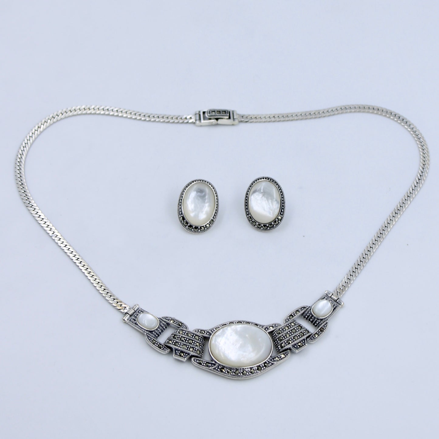 Unique Marcasite and Mother of Pearl Necklace & Stud Earring in Sterling Silver