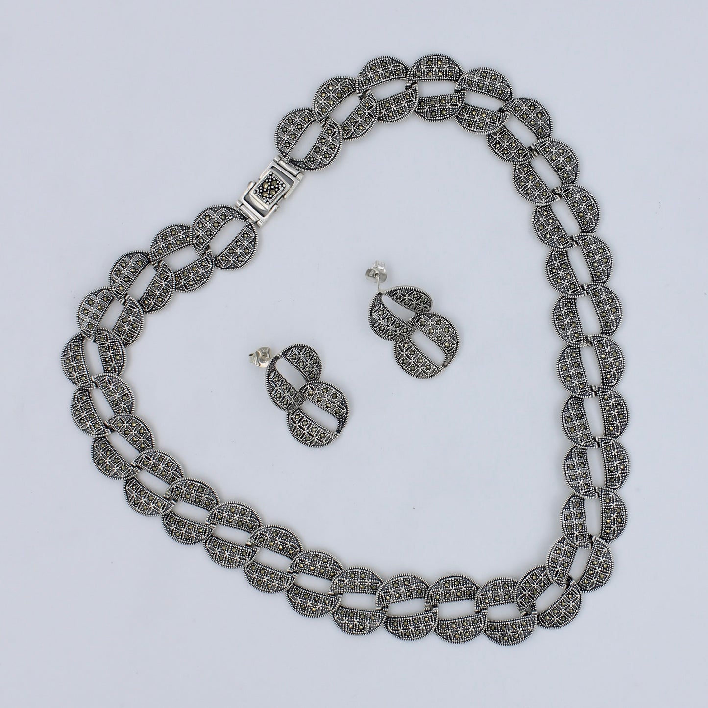 Statement Marcasite Cuban Link Necklace & Earring Set in Sterling Silver