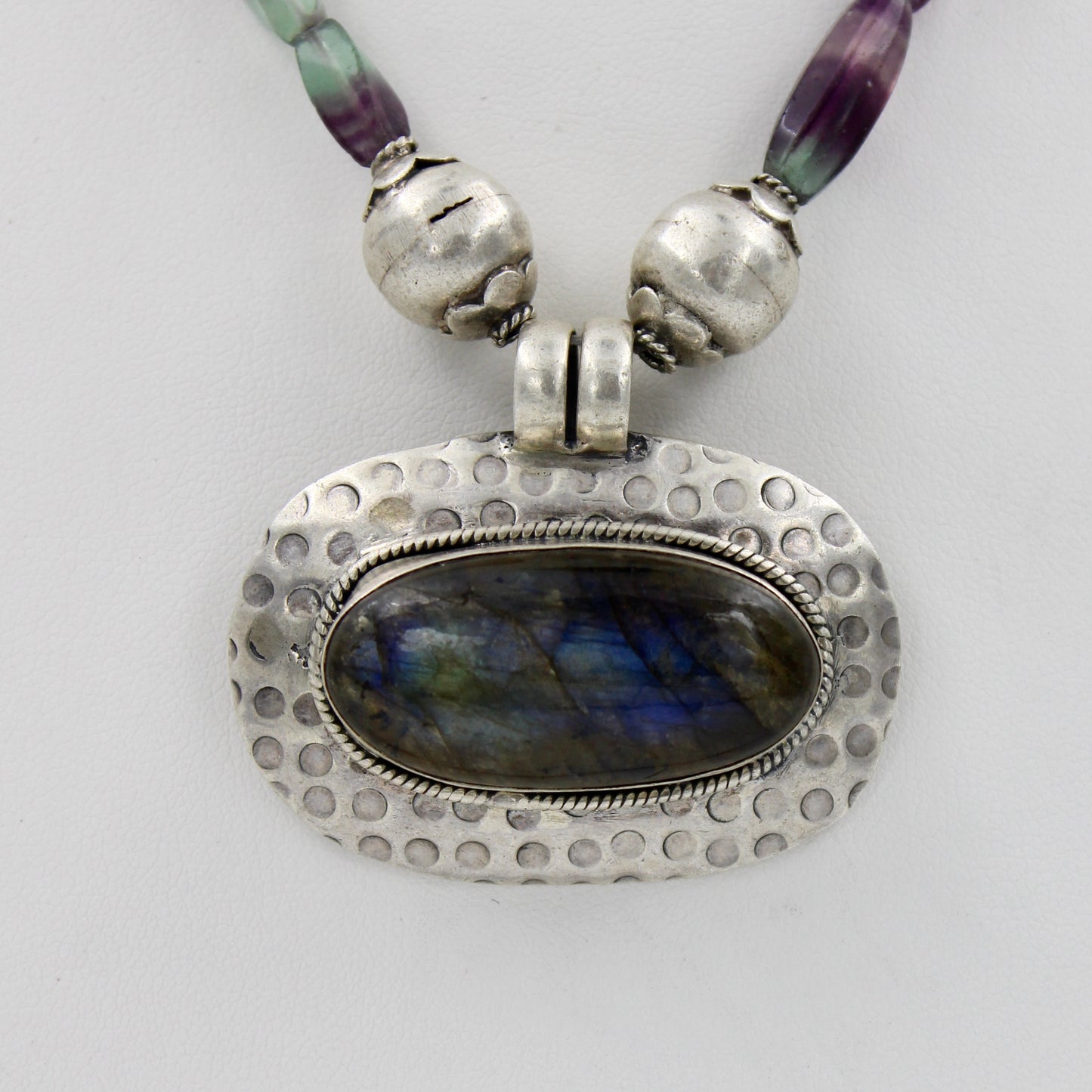 Vintage Labradorite and Blue John Fluorite Pendant Necklace in Sterling Silver