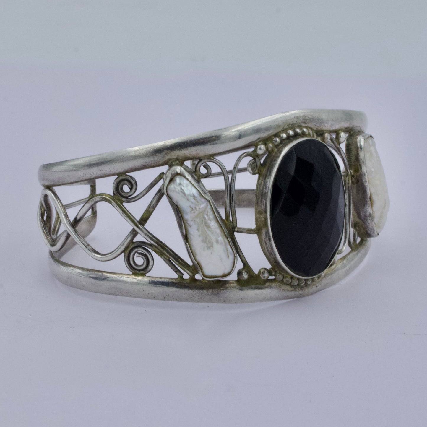 Vintage Black Onyx and Baroque Pearl Cuff Bracelet in Sterling Silver