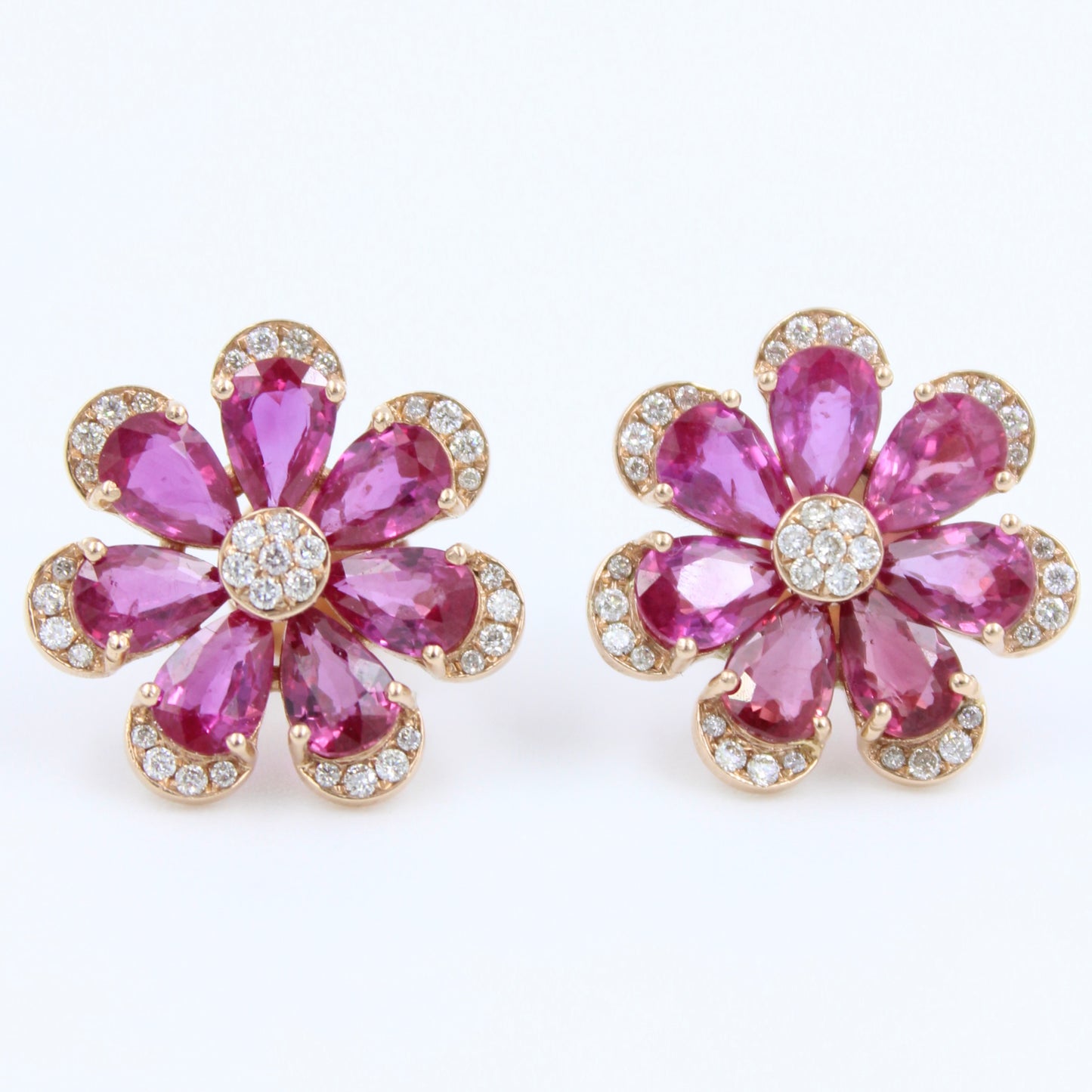 Natural AAA 7.45 Ct Untreated Ruby & Diamond Floral Stud Earrings 18K Rose Gold