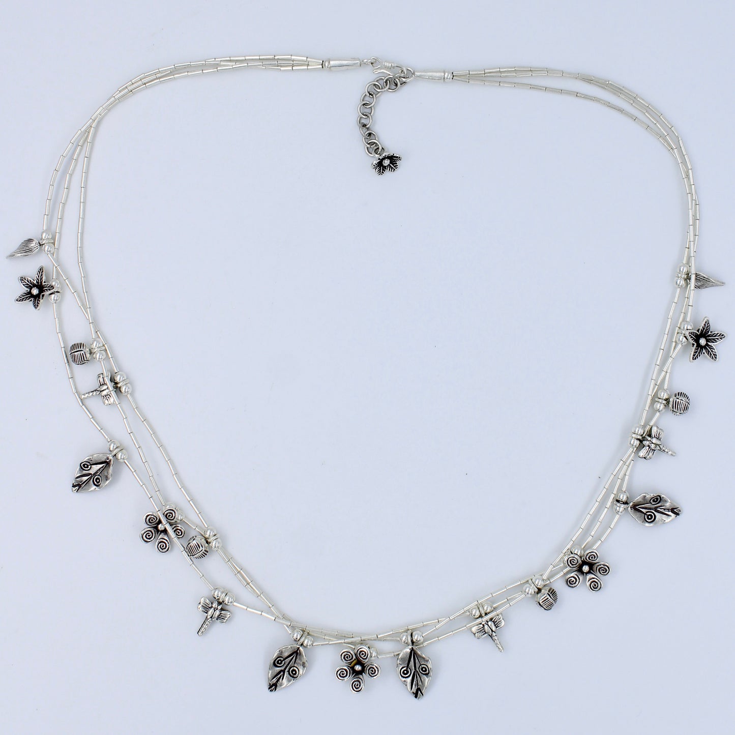 Handmade Indonesian Floral & Butterfly Charm 3 Layered Necklace in Sterling Silver