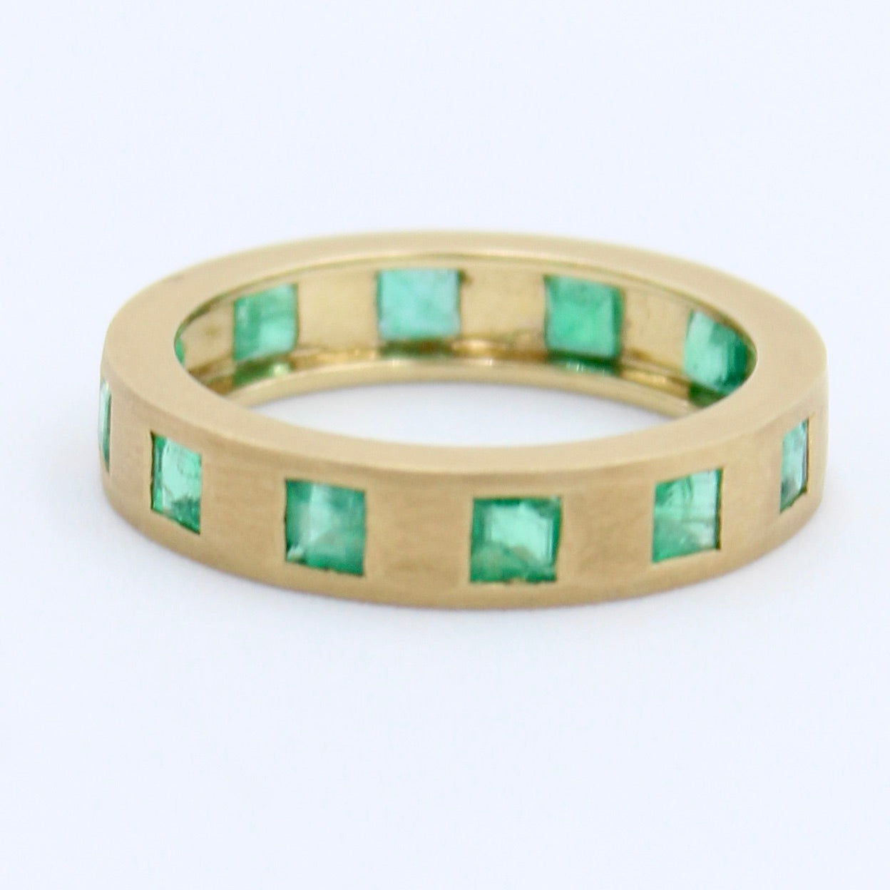 Natural 1.10 Ct Emerald Eternity Band Ring in 18K Yellow Brushed Gold