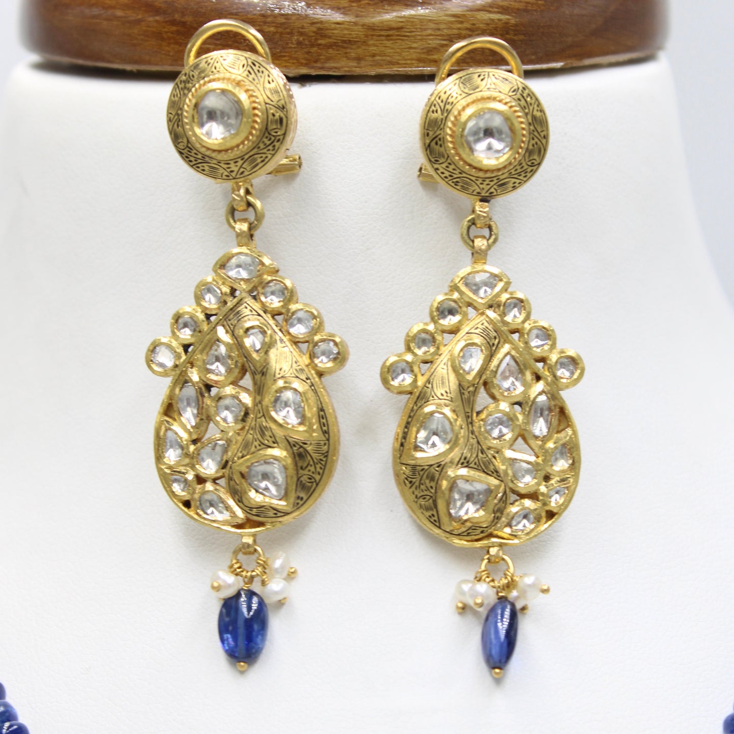 Vintage Natural Polki Diamond & Kyanite Kundan Necklace & Earrings in 22K Gold