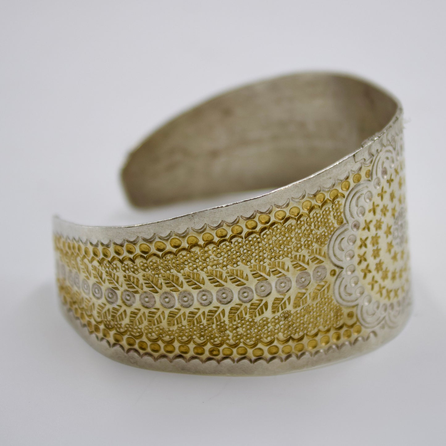 Handmade Dual Tone Gold and Silver Etched Statement Cuff Bracelet in Sterling Silver