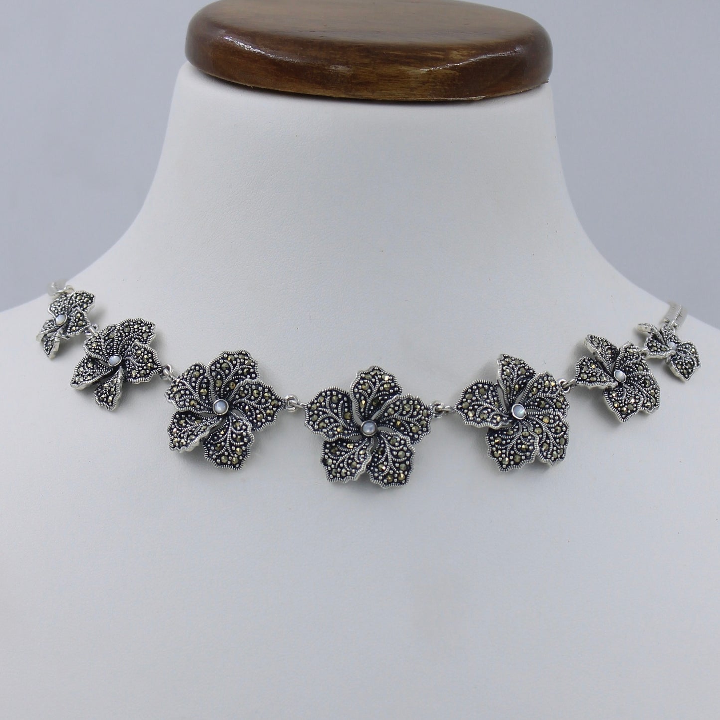 Unique Marcasite & Mother of Pearl Floral Necklace & Earring in Sterling Silver