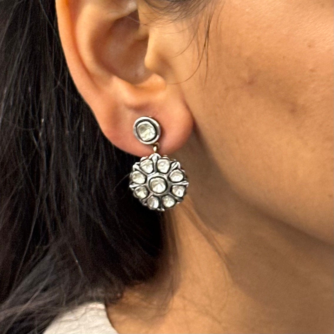 Vintage Victorian Natural Polki Diamond Statement Drop Earrings with Filigree Work in 14K Gold and Sterling Silver Alloy