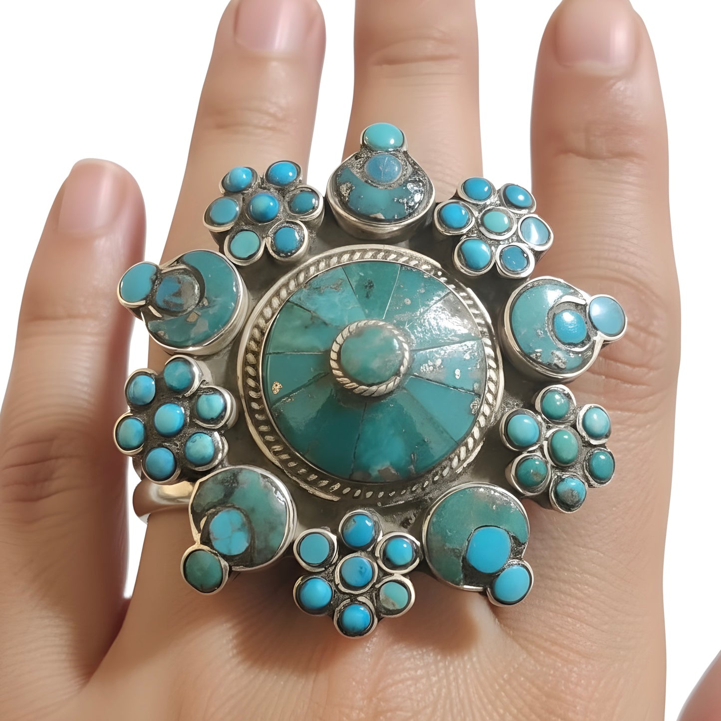 Vintage Tibetan Natural Turquoise Cocktail Ring in Sterling Silver