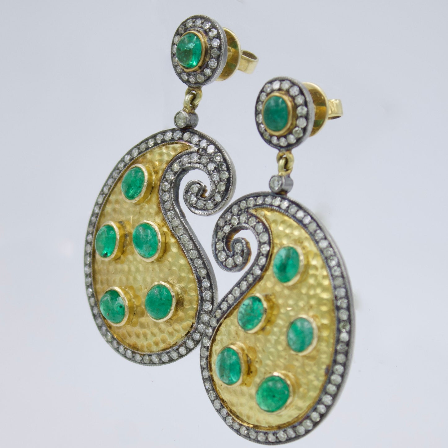 Victorian Emerald & Diamonds Handmade Mango Earrings in 14K Gold and Sterling Silver