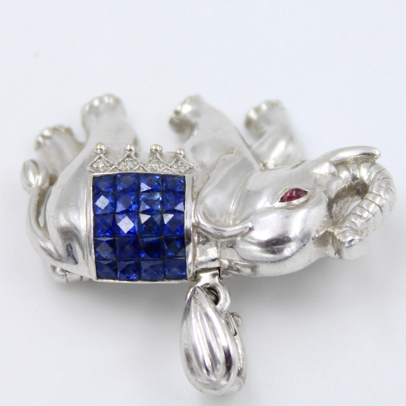 Handmade 1.93 TCW Natural Sapphire Elephant Pendant / Brooch Pin in 18K White Gold