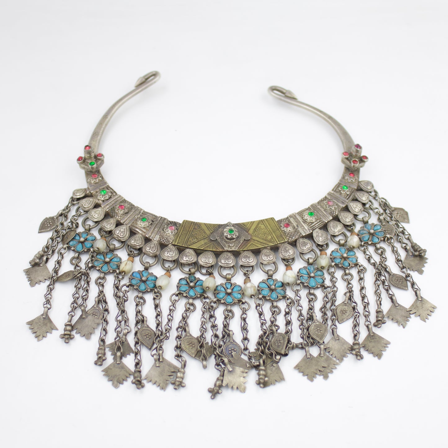 Antique Afghan Tribal Hasli Collar Necklace with Turquoise in Silver