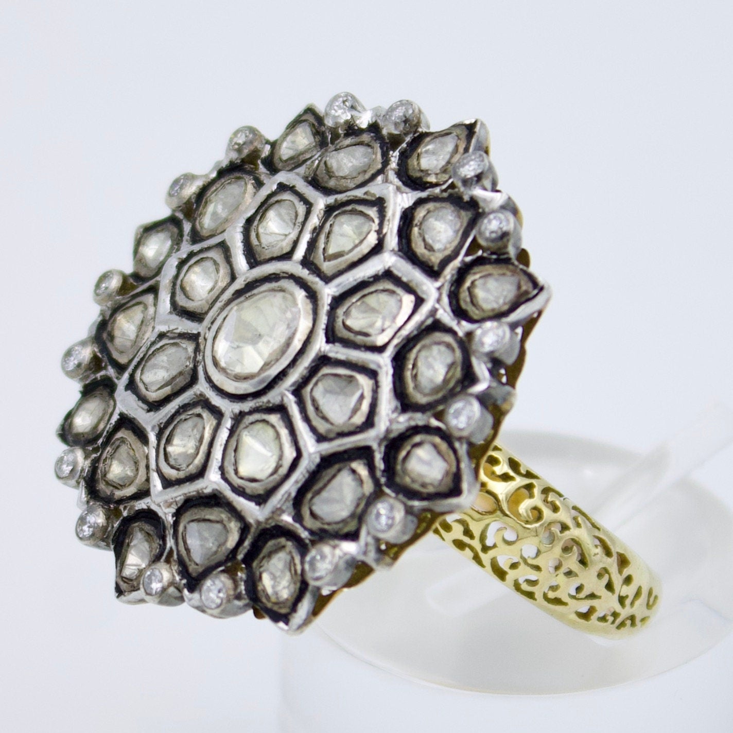 Victorian Polki Uncut Diamond Cocktail Ring with Filigree Work in 14K Yellow Gold and Sterling Silver